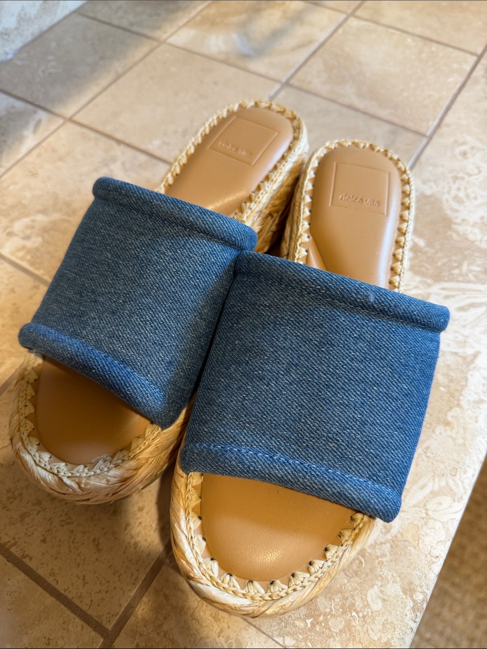 Dolce Vita Denim Blue Espadrille Slide Mules with Tan Footbed